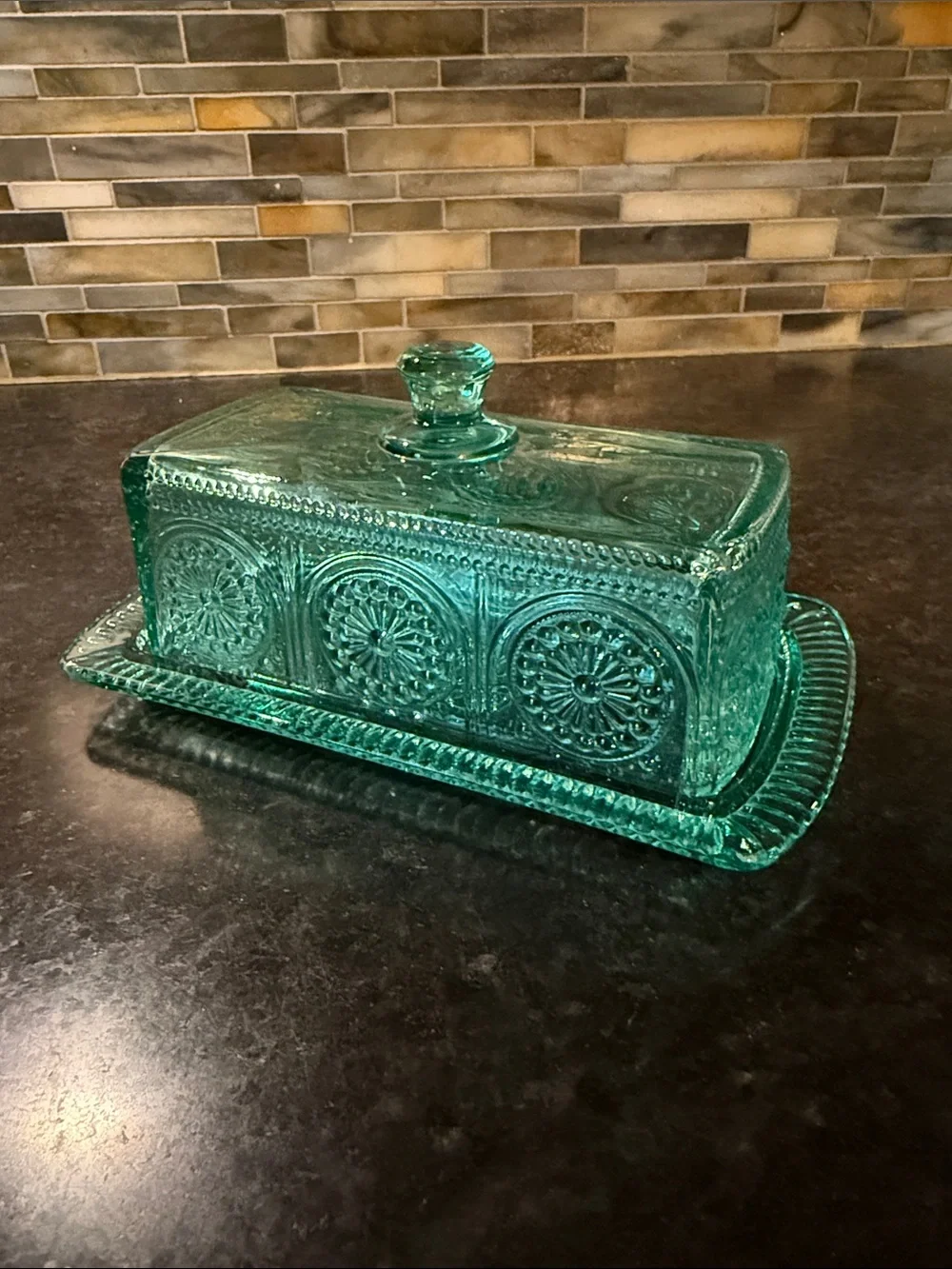 The Pioneer Woman Adeline Teal Glass Butter Dish Embossed Vintage Style